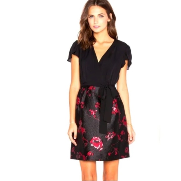 Diane Von Furstenberg Faux‎ Wrap Floral Silk Dress Black Oxblood - Picture 3 of 9